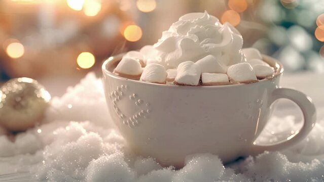A bowl of steaming hot cocoa topped with whipped cream and mini marshmallows the perfect drink for a snowy Christmas morning.