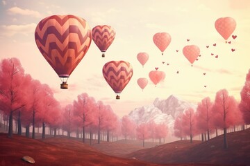 Obraz premium A group of hot air balloons floating in the air over a forest, Vintage style 3D illustration of Valentine's day background, Ai generated