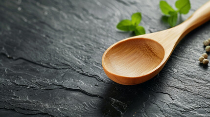 Directly bottom view shot of wooden spoon on dark surface table in a kitchen - Powered by Adobe