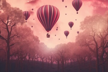 Obraz premium Colorful hot air balloons fly over the trees, Vintage style 3D illustration of Valentine's day background, Ai generated