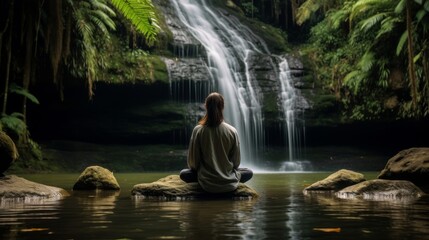 Tranquil meditation scene by waterfall