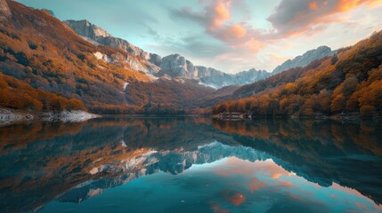 The quiet beauty of an autumn sunrise over a turquoise mountain lake, with the surrounding peaks and forests ablaze in autumnal glory, the calm waters perfectly mirroring the spectacle above. 8k - obrazy, fototapety, plakaty
