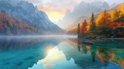 The quiet beauty of an autumn sunrise over a turquoise mountain lake, with the surrounding peaks and forests ablaze in autumnal glory, the calm waters perfectly mirroring the spectacle above. 8k - obrazy, fototapety, plakaty