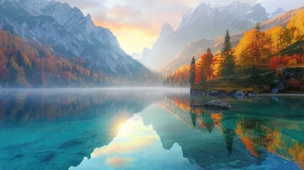 Fotobehang The quiet beauty of an autumn sunrise over a turquoise mountain lake, with the surrounding peaks and forests ablaze in autumnal glory, the calm waters perfectly mirroring the spectacle above. 8k © Muhammad