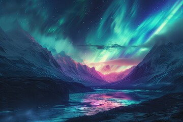 The Northern Lights shimmering in a spectrum of colors, casting an ethereal glow on a secluded mountain valley.  - obrazy, fototapety, plakaty