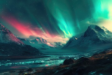 The Northern Lights shimmering in a spectrum of colors, casting an ethereal glow on a secluded mountain valley. 8k - obrazy, fototapety, plakaty
