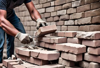  bricklayer as they transform a pile of bricks and rocks into a formidable stone wall - obrazy, fototapety, plakaty