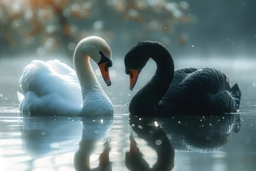 Selbstklebende Fototapeten Serene embrace: two swans in love, a graceful display of adoration and unity in the swanst's affectionate bond, a symbol of tranquility and everlasting companionship in the natural world. © Ruslan Batiuk