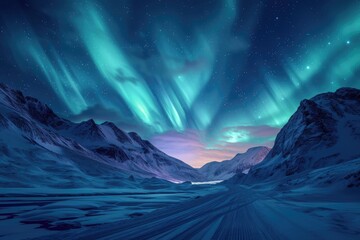 The Northern Lights creating a mesmerizing spectacle over a snowy mountain pass, a hidden gem of the winter night. 8k - obrazy, fototapety, plakaty