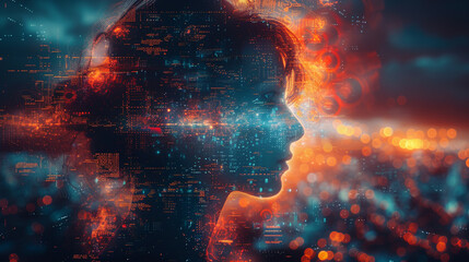 Silhouette of man head with cloud computer icon in hud with computer icons around it over blurred blue red background.double exposure High detailed and high resolution smooth and high quality
