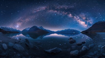 The Milky Way's radiant arc visible in full glory, stretching across the night sky over a tranquil mountain lake