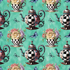 Alice in Wonderland cute VINTAGE STYLE watercolor seamless pattern 