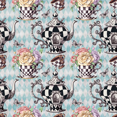 Alice in Wonderland cute VINTAGE STYLE watercolor seamless pattern  - 754080018