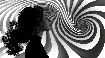 Black and white illustration of a woman with spiral patterns.