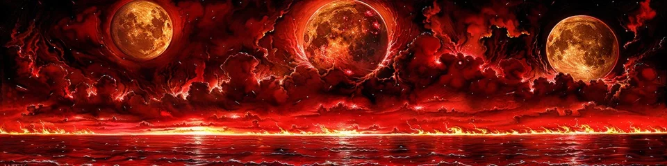 Rolgordijnen Fantasy Ocean Scene with Twin Moons and Fiery Sky, A Cosmic Phenomenon Above a Crimson Sea © Ross