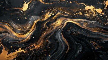 Black and gold marbled texture with swirling luxurious patterns.