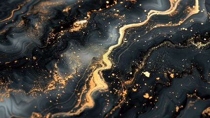 Fototapeta premium Black background with swirling gold patterns and sparkles.
