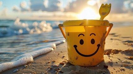 Smiley bucket on a sunny beach with foamy waves.