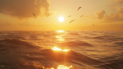 The golden hour light reflecting off gentle sea waves, with seabirds flying low, creating a serene and reflective mood. 8k