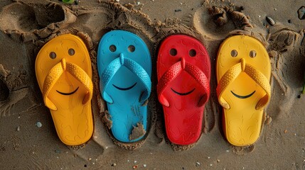 Obraz premium Four colorful flip-flops with faces in the sand.