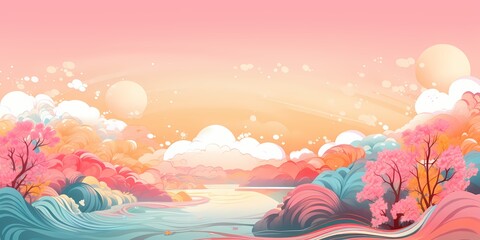 A whimsical blend of pink, blue, and yellow hues cascades across a wide banner header, set against a light grainy background reminiscent of a retro summer vibe. - obrazy, fototapety, plakaty