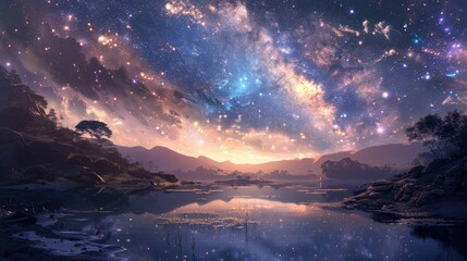 The galaxy's core brightly visible in a panoramic night sky over a crystal-clear lake, surrounded by silhouettes of hills and trees, creating a stunning contrast between the cosmic and the earthly. 8k - Powered by Adobe