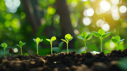 Young Plants Tree Sapling Step Growing in Soil at Sunset Green Background. Planting Seedlings in Morning Light on Nature Background.