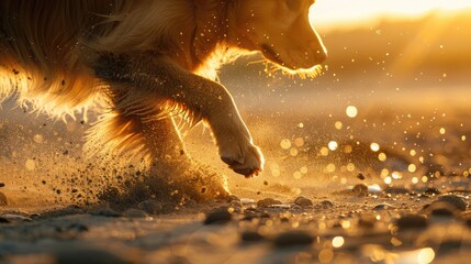 The exact moment a large dog's paw strikes the sand, causing a burst of sand particles to fly into the air, with the sun backlighting the scene, creating a glowing effect around the sand grains. 8k - Powered by Adobe