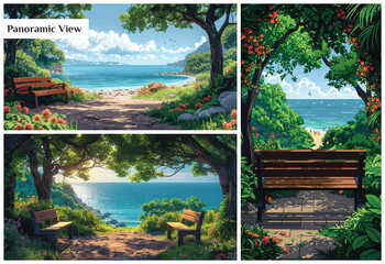 Bench park with panoramic view backgrounds