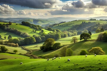 landscape with green field and blue sky. A peaceful countryside scene with rolling hills and...