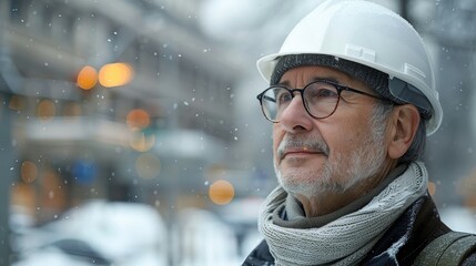 Senior engineer in a hard hat and glasses looking up during snowfall.