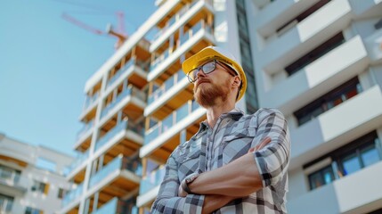 Young construction worker with beard and hard hat in front of a building.