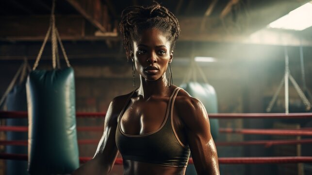 A young strong black female boxer Trains with a punching bag in the gym. Sports, Training, Healthy lifestyle, Competitions, Championships, Strength and Energy concepts. - Powered by Adobe