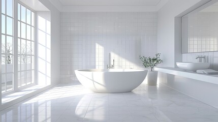 Fototapeta na wymiar Bright minimalist bathroom with a freestanding bathtub and large windows.
