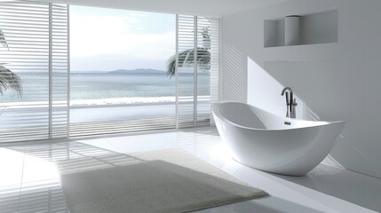 Modern white bathroom with a unique bathtub and ocean view through slatted blinds. - obrazy, fototapety, plakaty