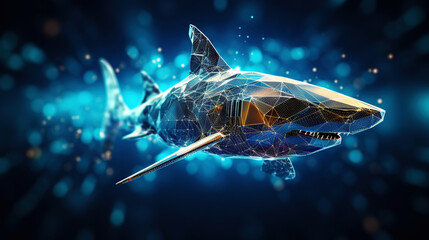 Obraz premium Big data visualization where a digital shark swims in the data stream. Futuristic background. Generative AI