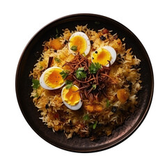 Egg Biryani - Basmati rice cooked with masala roasted eggs and spices and served with yogurt,