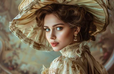 Fotobehang Beautiful woman in a vintage dress and hat, portrait of a beautiful young lady with blond hair in an elegant hairstyle and white makeup looking at the camera © Kien