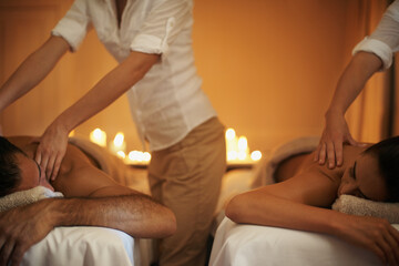 Couple, massage and self care at spa with masseuse, wellness and zen for bodycare at luxury resort....
