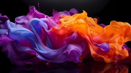 A clash of amethyst and fiery orange liquids colliding with dynamic force, resulting in a breathtaking abstract scene