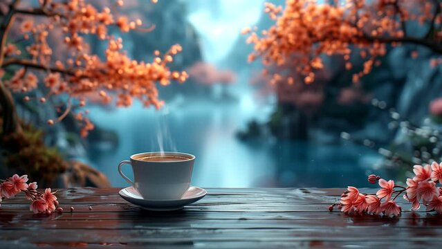 Coffee on the table with beautiful scenery and colorful flowers. seamless looping 4k time-lapse animation video background