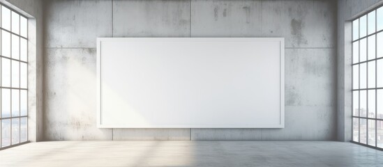 An empty room with modern decor featuring three windows and a whiteboard on the wall. The room is brightly lit, with a minimalist design.