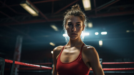 Fototapeta premium A young strong female boxer looks at the camera in the ring. Sports, Training, Healthy lifestyle, Competitions, Championships, Strength and Energy concepts.