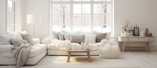 A white living room filled with furniture including a sofa, coffee table, and shelves. The room is designed in a Scandinavian style, with clean lines and minimalistic decor.