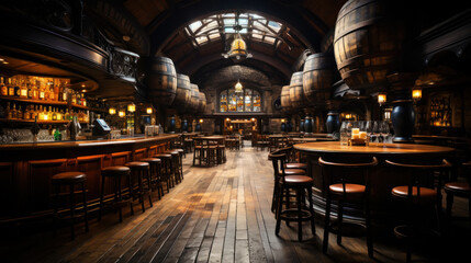 Professional photo of an old beer pub with beer barrels. The atmosphere of a traditional beer pub. Generative AI