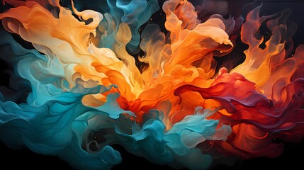 A burst of electric teal and blazing red liquids colliding, creating a dynamic and intense abstract scene - obrazy, fototapety, plakaty