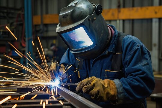 A man welding a piece of metal with sparks in a factory, welding torches for arms, welding helmet head, industrial photography, metalwork