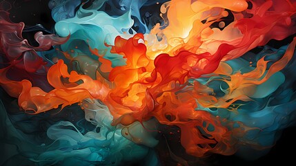 A burst of electric teal and blazing red liquids colliding, creating a dynamic and intense abstract scene - obrazy, fototapety, plakaty