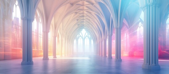 A large cathedral is depicted, filled with numerous towering columns reaching up to the sky. The interior space is vast, with a mix of white and colored gradients in a gothic style. - obrazy, fototapety, plakaty