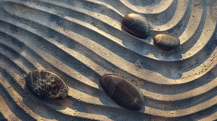 zen stone pebble on raked sand background